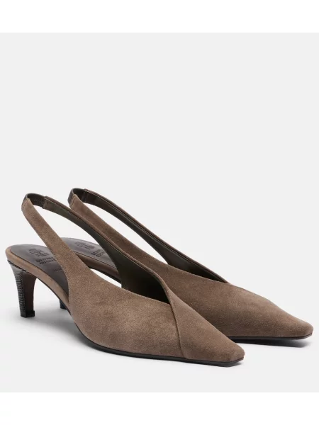 Pantofi cu toc Brunello Cucinelli din piele de căprioară slingback maro