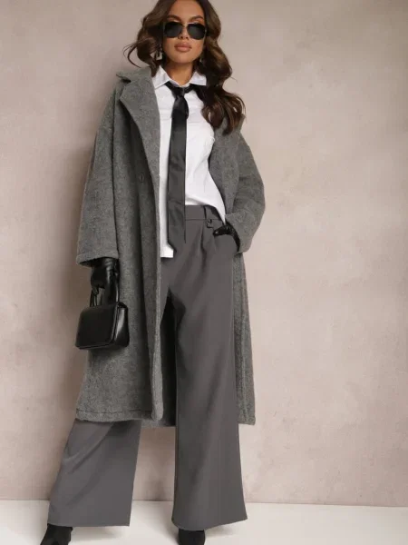 Pantaloni eleganți evazați închis cu clapete decorative în talie Nattas gri