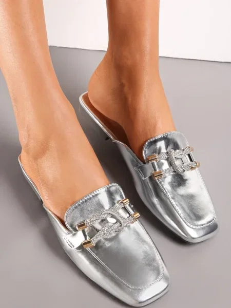 Sandale Mule cu vârf pătrat și barete Cynamia argintii