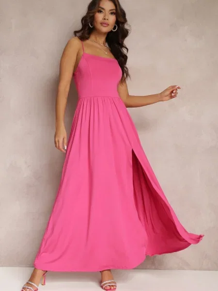 Rochie Fucsia Clos Maxi Bretele Subțiri Șliț Weslyn roz