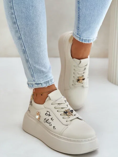 Sneakerși Kesi cu inscripții din piele cu platformă bej
