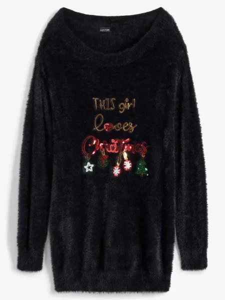 Sweter z odkrytymi ramionami i świątecznym motywem czarny