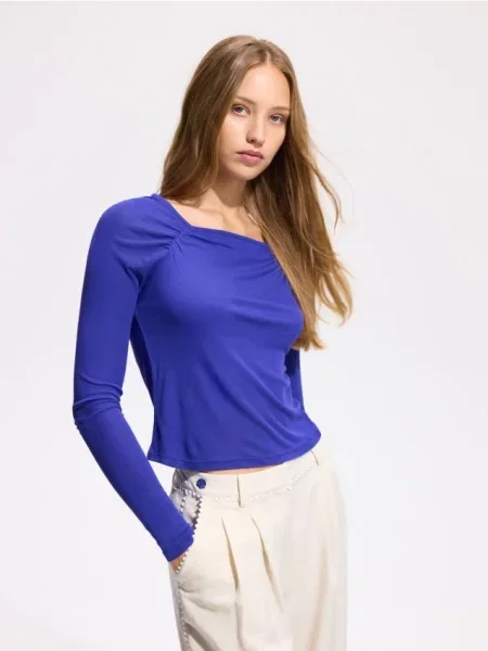 Reserved Top cu mânecă lungă și fronseuri indigo