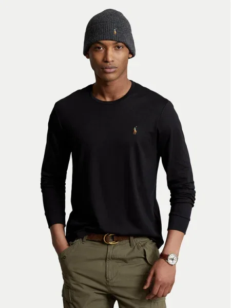 Dlhý polokošeľa Polo Ralph Lauren s výšivkou s dlhými rukávmi čierna