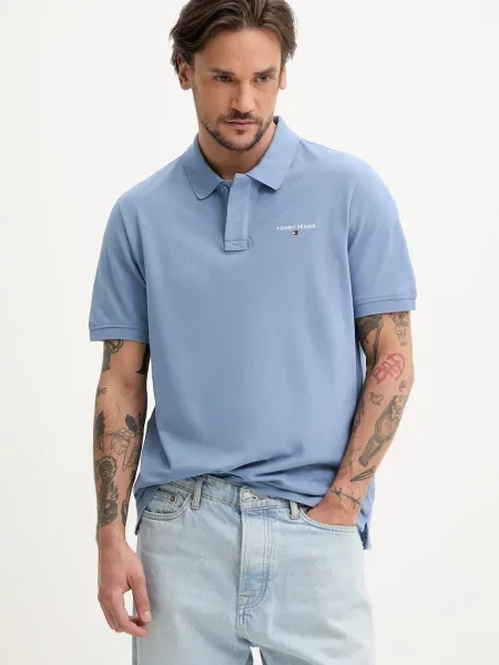 Тениска с яка Tommy Jeans с изчистен дизайн синьо