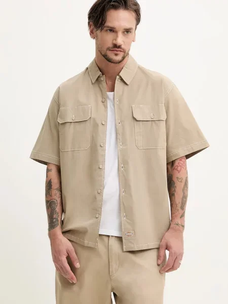 Риза Dickies мъжка зелено със стандартна кройка с класическа яка бежово