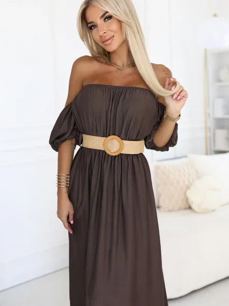 Sukienka maxi Numoco Basic boho z odkrytymi ramionami brązowa