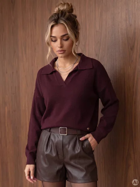 Sweter z kołnierzykiem polo bordowy Dstreet