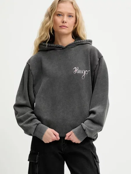 Bombažen pulover HUGO s kapuco siva