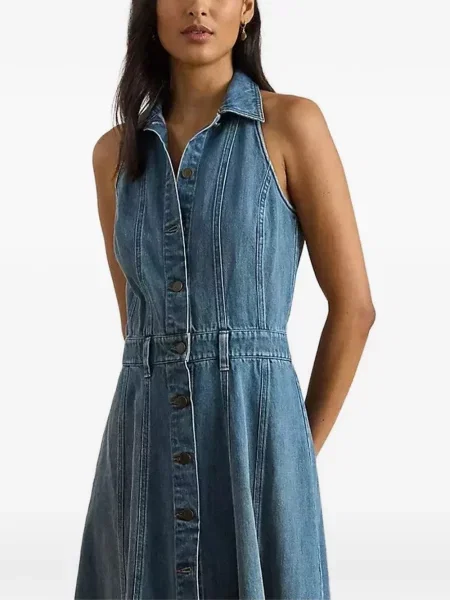 Rochie din denim Lauren Ralph Lauren fără mâneci până la genunchi de costum albastru