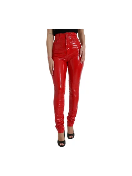 Skinny spodnie Dolce And Gabbana skórzane czerwone