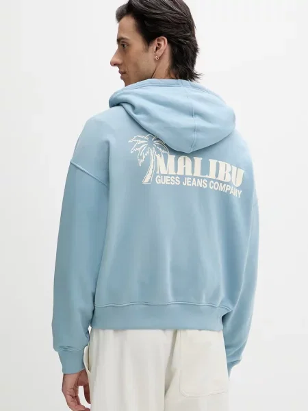 Guess Jeans pulover s kapuco bombažen modra