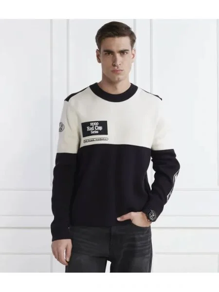 HUGO Pulover soccar cu adaos de lână negru