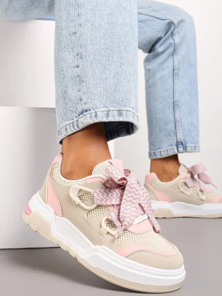 Sneakers bej-roz cu talpă groasă și șireturi decorative Zeldema bej