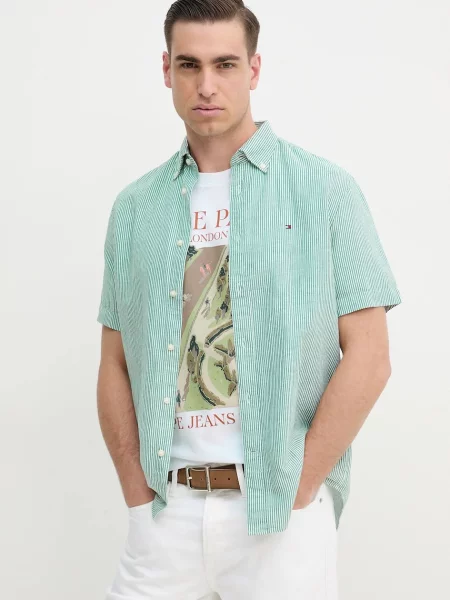 Srajca s primesjo lanu Tommy Hilfiger zelena