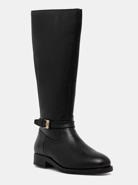 Kožené kozačky Tommy Hilfiger TH BUCKLE RIDING LTHR LONG BOOT na plochém černá