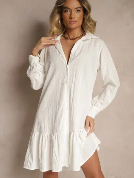 Koszulowa Sukienka z Wiskozą Zakończona Falbanką Tirzedi biała
