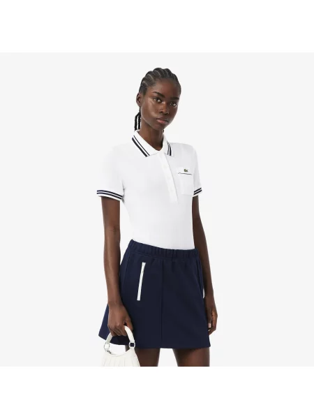 Lacoste Dopasowana Prążkowana Koszulka Polo Wyprodukowana We Francji biała
