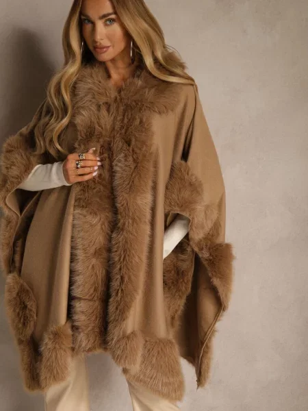 Ponczo z Wiskozą Wełną i Futerkiem Mevicia brązowe