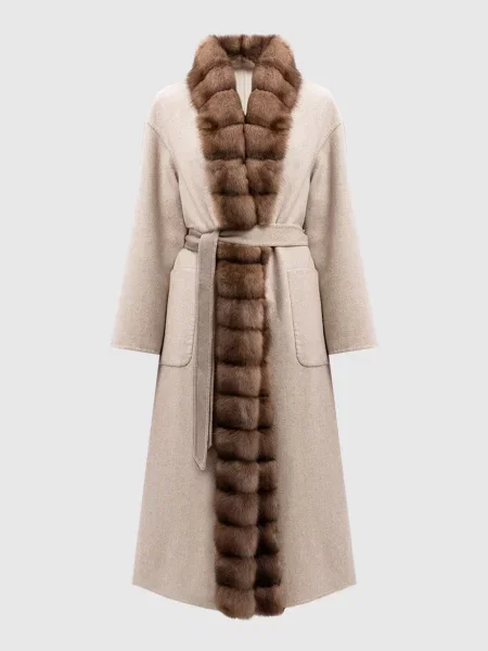 Пальто на запах з кашеміру з хутром соболя Malamati бежеве