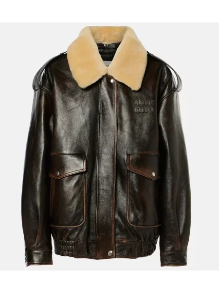 Usnjena jakna Miu Miu z avtogramom rjava