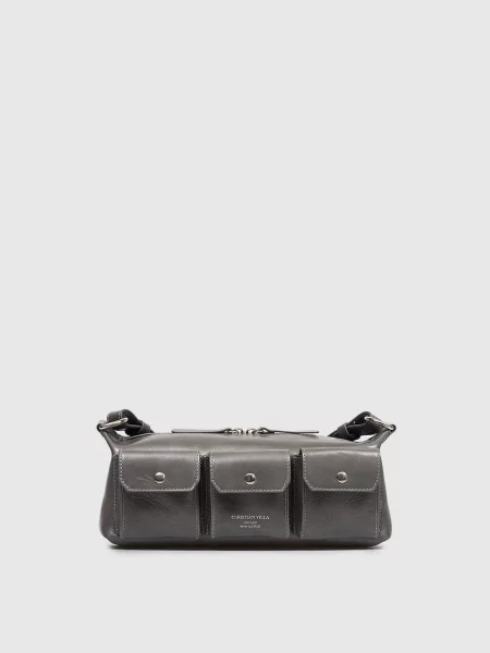Шкіряна сумка крос-боді з принтом логотипа Christian Villa сіра
