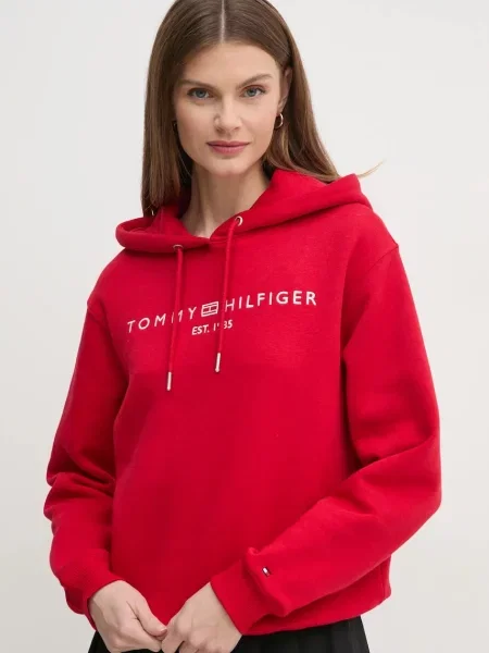 Суичър с качулка Tommy Hilfiger с качулка с апликация червено