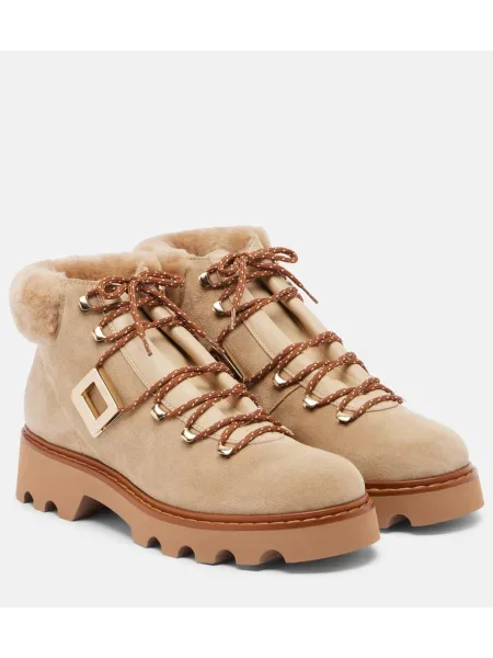 Botine Roger Vivier cu șireturi din piele de căprioară bej