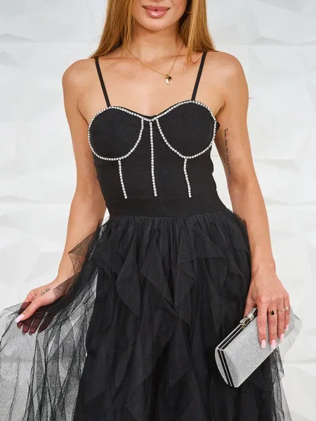 Rochie midi Resti din tul până la genunchi de costum negru