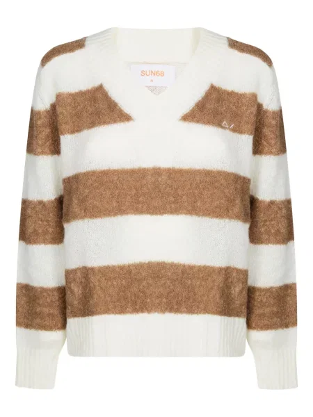 Pulover Sun68 cu dungi cu decolteu în V alb