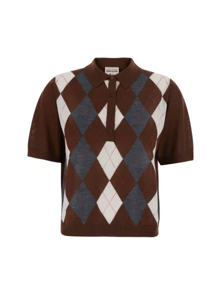 Koszulka polo Semicouture wełniana z wzorem argyle brązowa