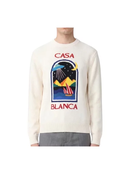 Sweter Casablanca wełniany z okrągłym dekoltem biały