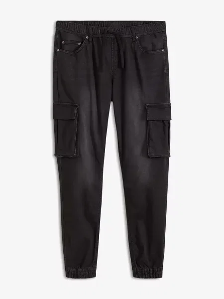 Jeansy dresowe z cargo slim fit straight z gumką w talii czarne