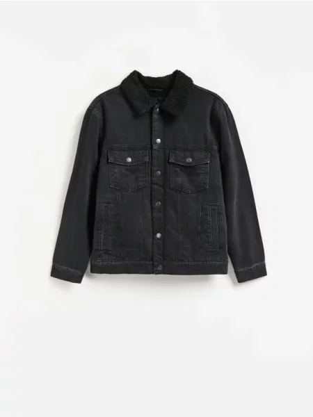 Reserved Jachetă sherpa din denim negru