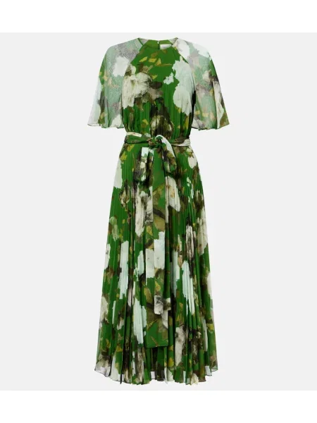 Rochie midi Erdem cu model floral plisată până la genunchi verde