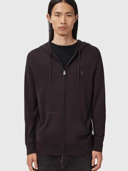 Суичър с качулка Allsaints от мерино вълна с качулка с принт черно