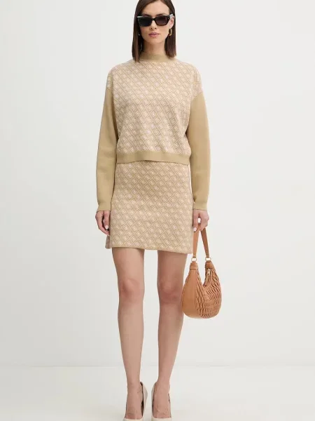 Спідниця з домішкою вовни Guess AUBREY mini олівець бежевий