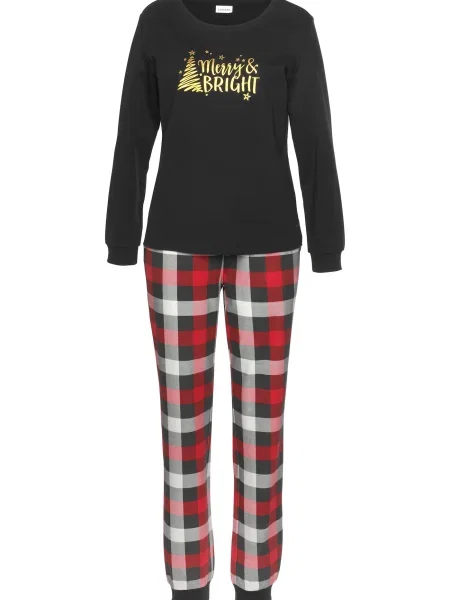 LASCANA Pijama auriu / gri deschis / roși aprins negru