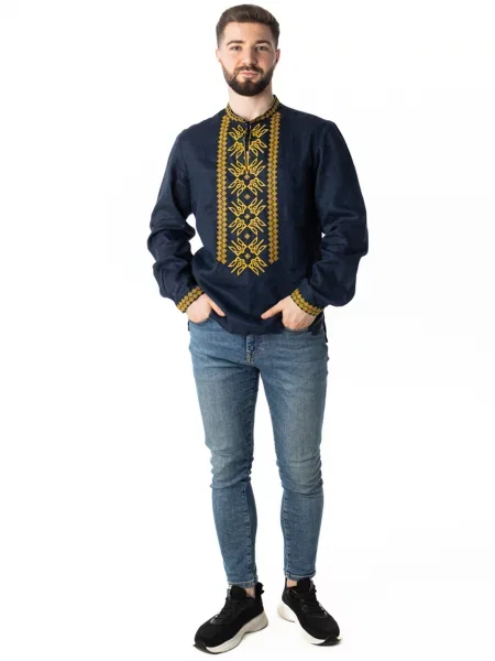 Лляна Вишита сорочка Folk Moda темно-синій синя