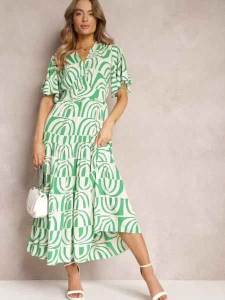 Rochie maxi verde-bej din cu spatele gol și volane Jayliana bej