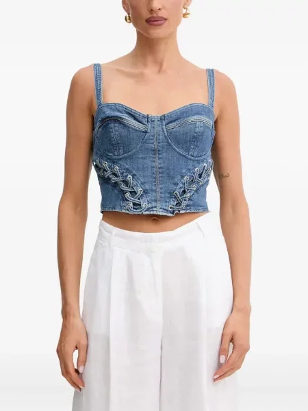 Top Guess sznurowany koronkowy niebieski