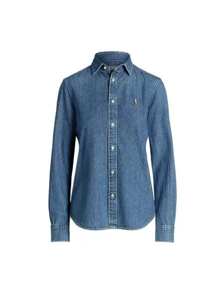 Bluzka Ralph Lauren z twillu z długim rękawem niebieska