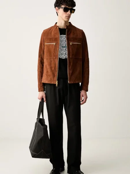 Michael Kors jachetă scurtă pentru bărbați din piele întoarsă maro