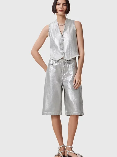 Къс панталон AllSaints LOUIE с изчистен дизайн с висока талия сребристо