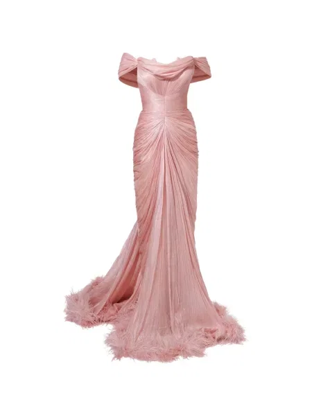 Rochie maxi Iris Serban cu pene roz
