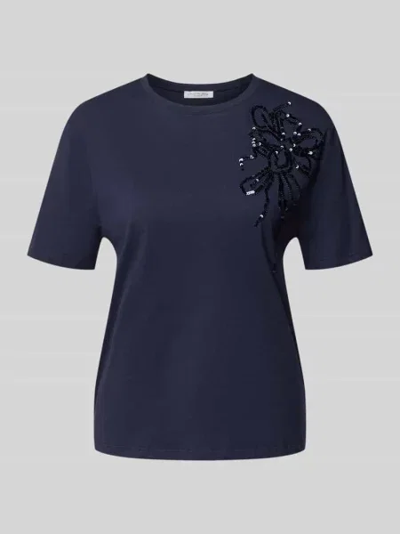 T-shirt o kroju regular fit z czystej bawełny z kwiatową aplikacją Christian Berg Woman granatowa