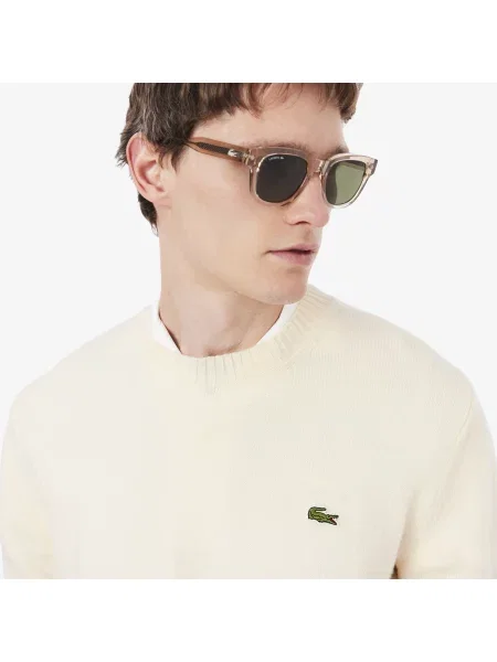 Lacoste Wełniany Sweter Z Okrągłym Kolnierzykiem Ecru biały