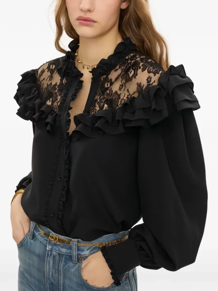 Bluză Chloé cu volane din dantelă negru