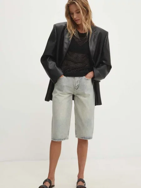 Дънков къс панталон Answear Lab с изчистен дизайн с висока талия синьо