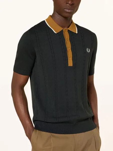 Fred Perry Pletená Polokošile tmavě / koňaková zelená